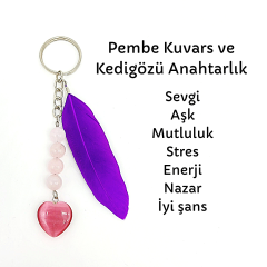 Pembe Kuvars Mor Tüylü Kalp Kedigözü Doğal Taş Anahtarlık