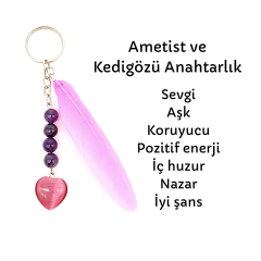 Ametist Pembe Tüylü Kalp Kedigözü Doğal Taş Anahtarlık