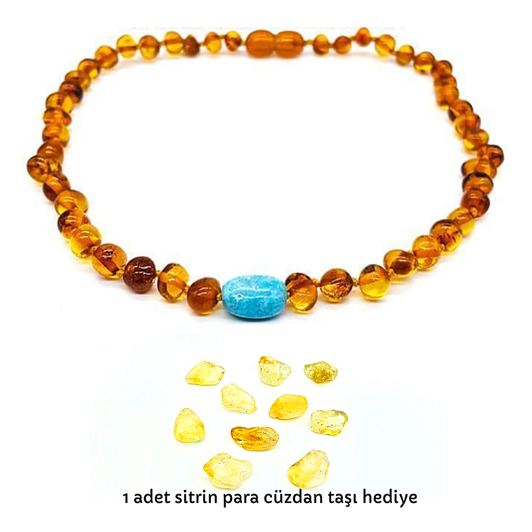 Turkuaz Doğal Taşlı Kehribar Bebek Kolye