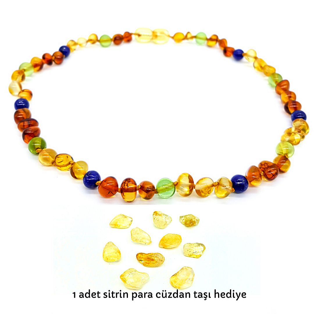 Lapis Lazuli Doğal Taşlı Kehribar Bebek Kolye