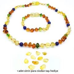 Lapis Lazuli Doğal Taşlı Kehribar Bebek Kolye ve Bebek Kehribar Bileklik Set