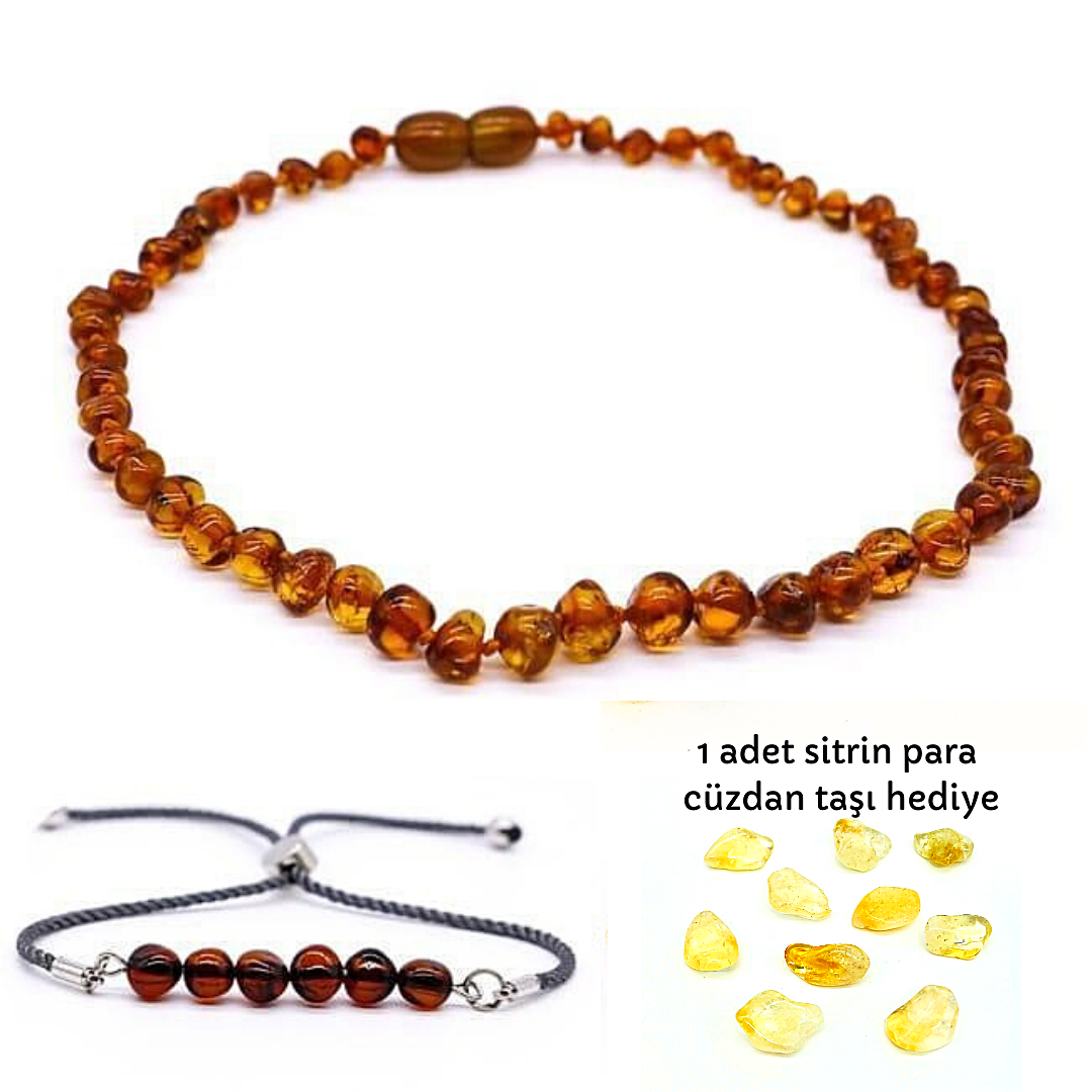 Kehribar Bebek Kolye ve Yetişkin Kehribar Bileklik Set
