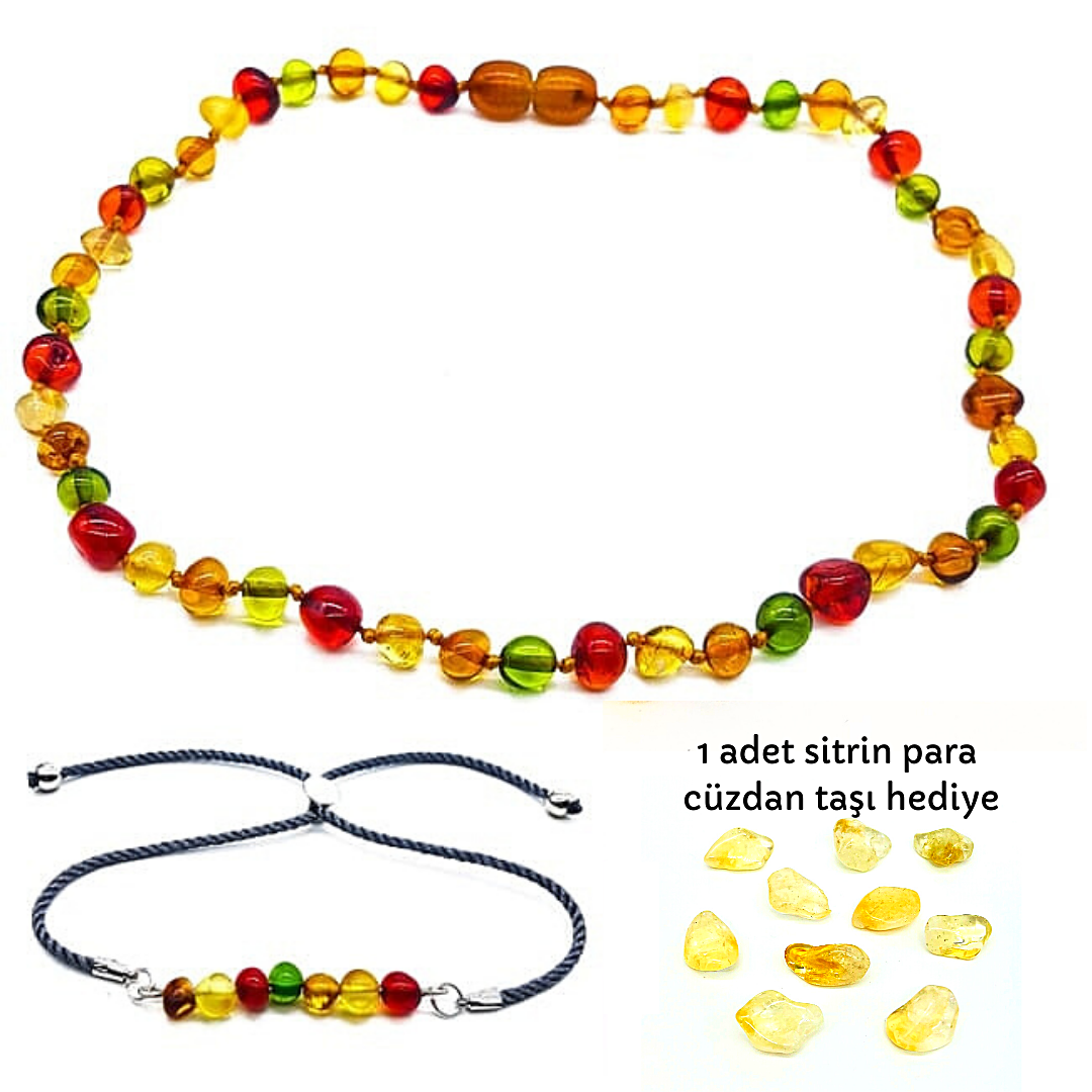 Kehribar Bebek Kolye ve Yetişkin Kehribar Bileklik Set