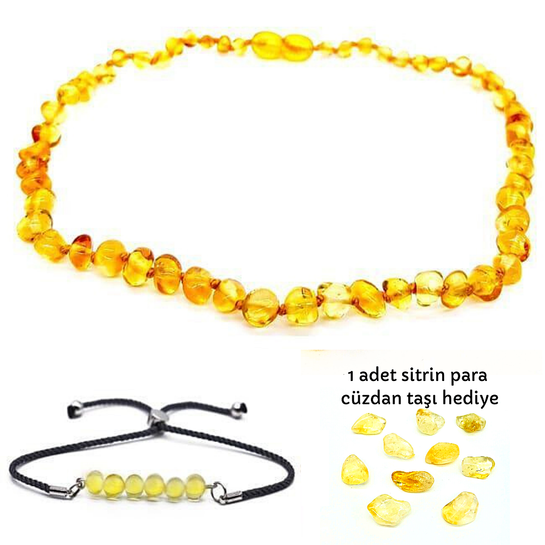 Kehribar Bebek Kolye ve Yetişkin Kehribar Bileklik Set