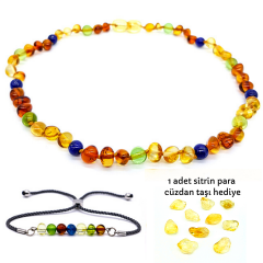 Lapis Lazuli Doğal Taşlı Kehribar Bebek Kolye ve Yetişkin Kehribar Bileklik Set