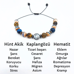 Mavi Kaplangözü Hint Akik ve Yin Yang Desenli Hematit Doğal Taş Bileklik