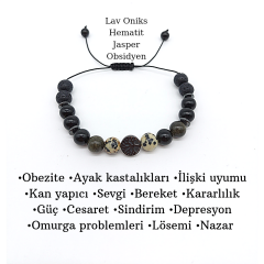 Lav Taşı Oniks Obsidyen Benekli Jasper ve Hayat Ağacı Desenli Hematit Doğal Taş Bileklik