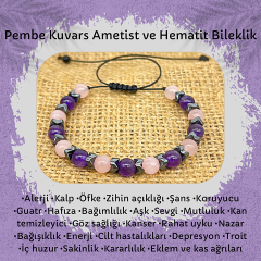 Pembe Kuvars Ametist ve Hematit Doğal Taş Bileklik