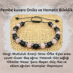 Pembe Kuvars Oniks ve Hematit Doğal Taş Bileklik
