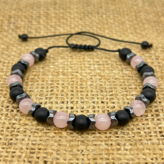 Pembe Kuvars Oniks ve Hematit Doğal Taş Bileklik