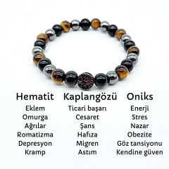 Kaplangözü Oniks Hematit Hayat Ağacı Desenli Doğal Taş Bileklik