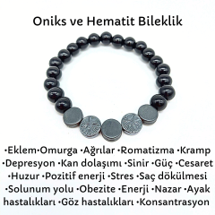 Oniks Hayat Ağacı Desenli Hematit Doğal Taş Bileklik