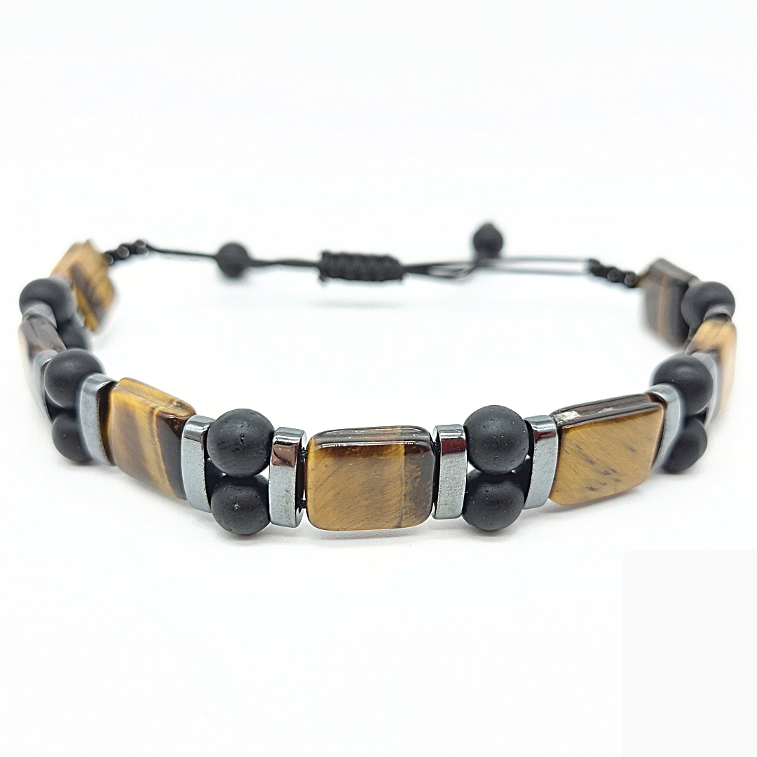 Kaplangözü Oniks Hematit Ayarlanabilir Çift Sıra Doğal Taş Bileklik
