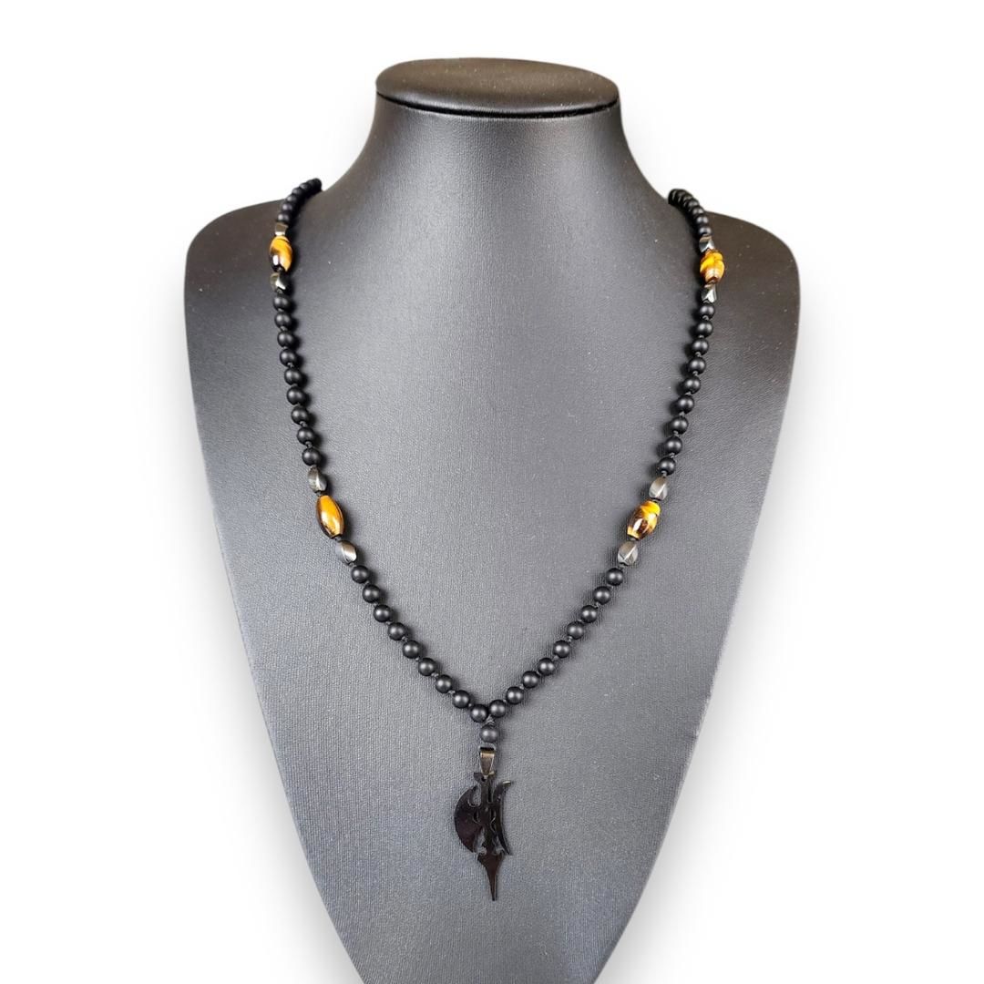 Oniks Kaplangözü Hematit Çelik Balta Uçlu Doğal Taş Kolye