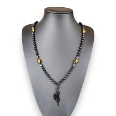 Oniks Kaplangözü Hematit Çelik Balta Uçlu Doğal Taş Kolye