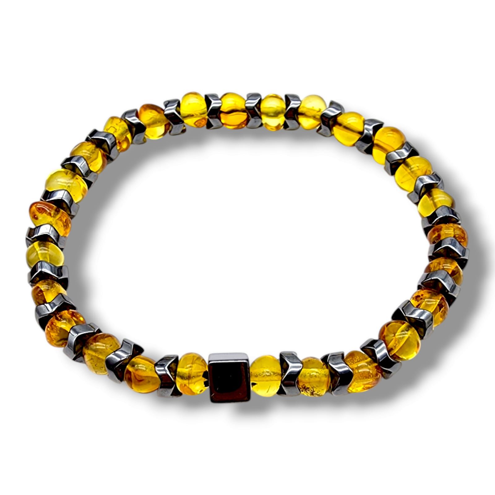 Baltık Damla Kehribar ve Hematit Lastikli Bileklik